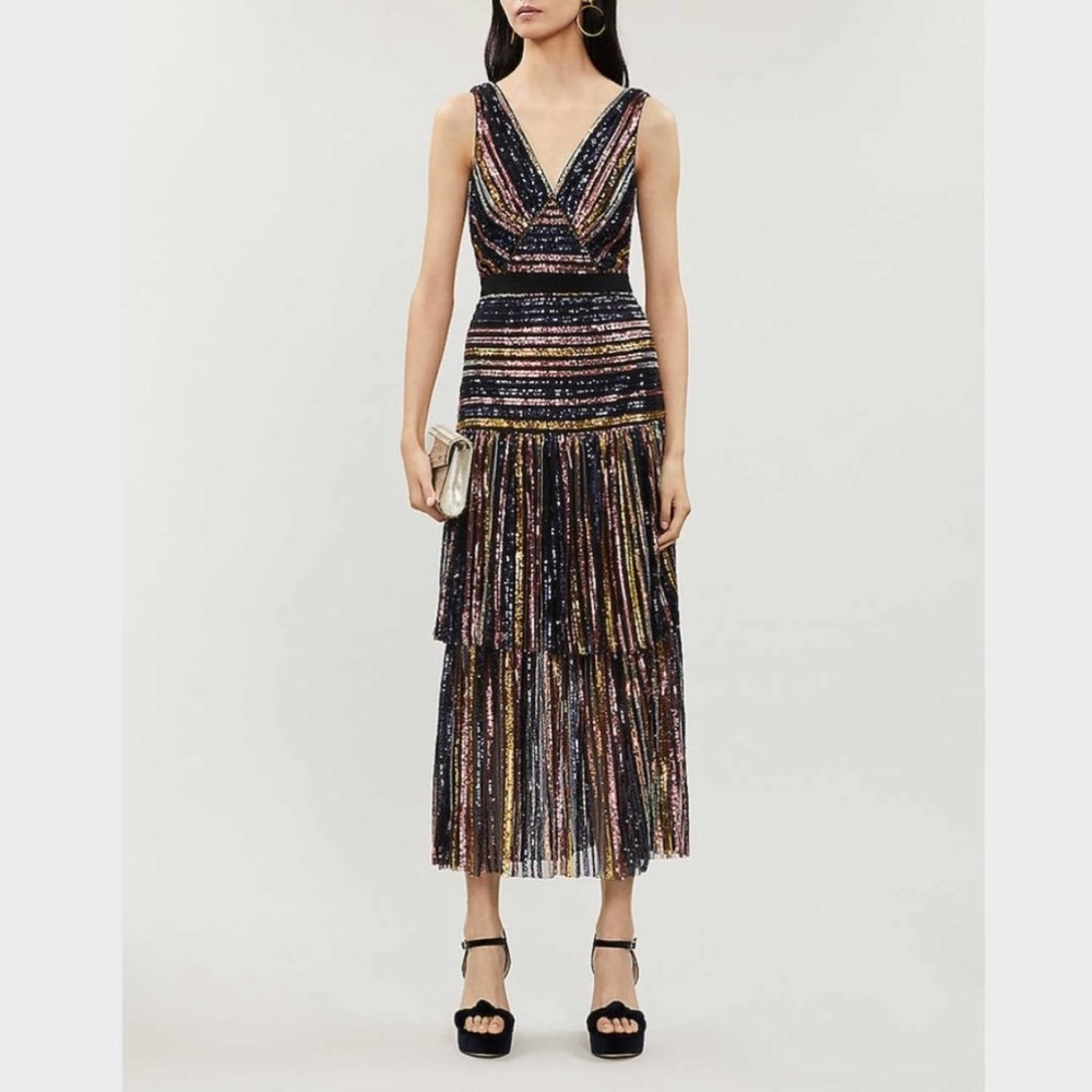 New Self-Portrait Tiered Striped Sequin Midi Dress Multi Color Size 8 - Picture 7 of 9